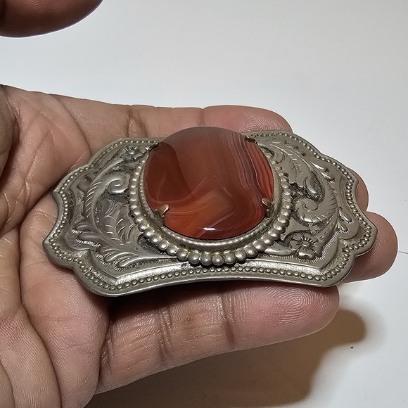 Vintage Western Embossed Belt Buckle Cabochon Orange Agate Scroll Design Unisex - Picture 4 of 9